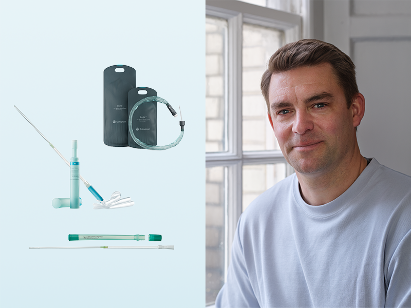 Links zeigt Coloplast Katheter Luja und SpeediCath und einem Mann vor einem Fenster auf der rechten Seite