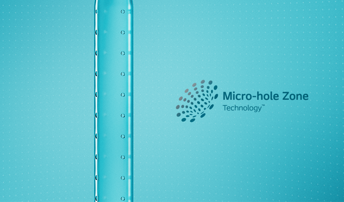 Mikro-Öffnungen des Luja Katheters auf türkisem Hintergrund mit Logo Mico-hole Zone Technology