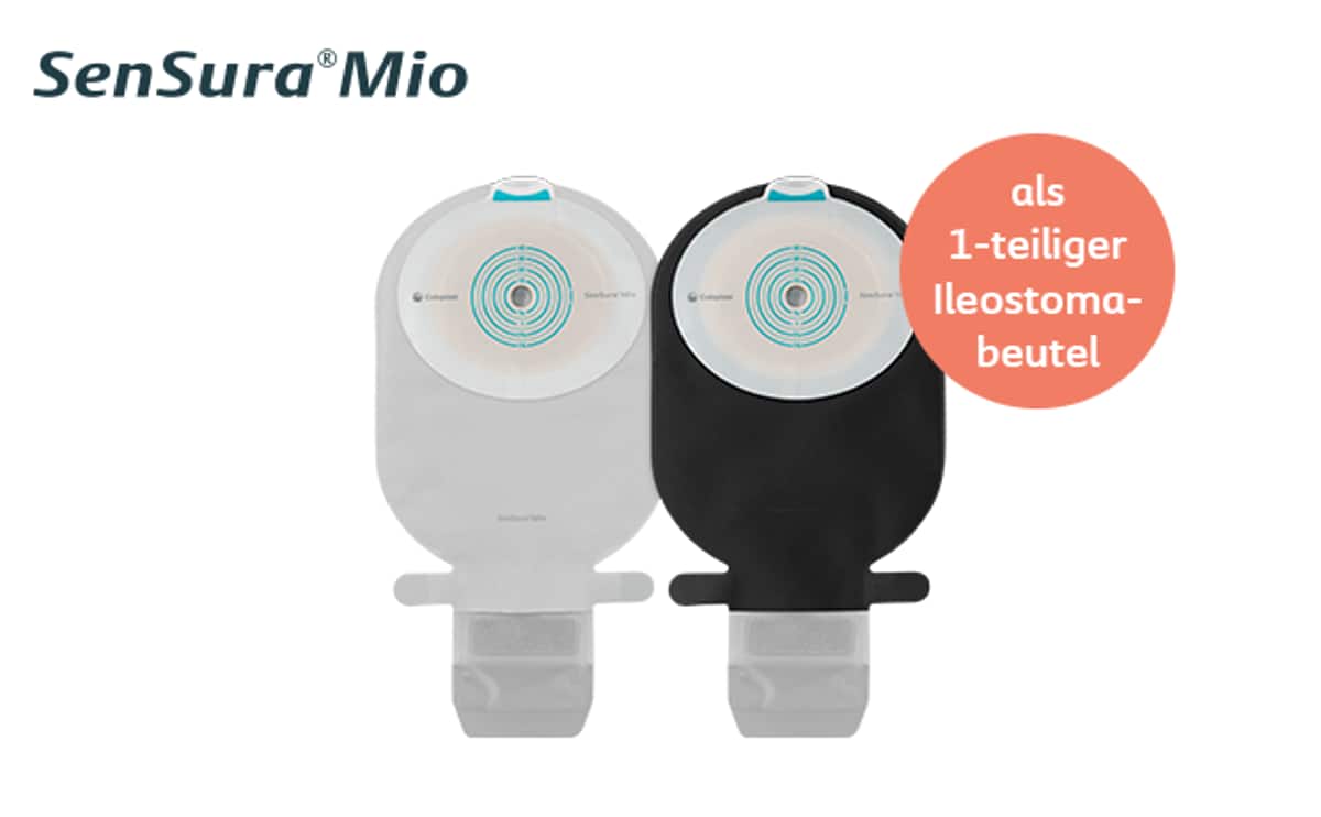 Grauer und schwarzer SenSura Mio Stomabeutel als offener Ausstreifbeutel