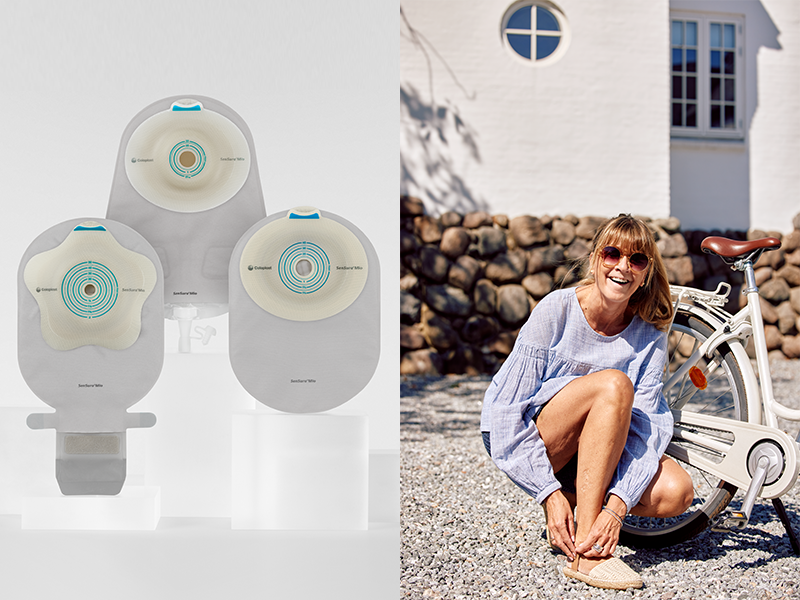 Zweigeteiltes Bild zeigt links drei SenSura Mio Produkten und rechts eine Frau die sich vor ihrem Fahrrad die Schuhe bindet